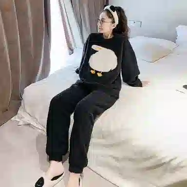 静英鸾 半边绒加厚保暖卡通歪头鸭子圆领长袖长裤休闲家居服秋冬季睡衣套装 女款