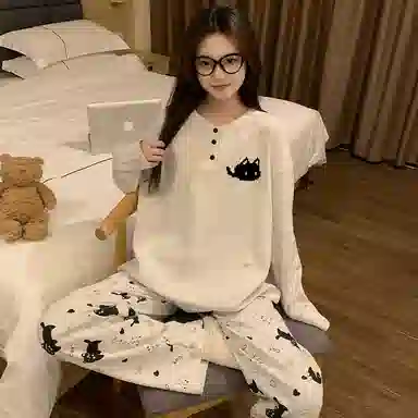 静英鸾 圆领开衫甜美卡通小猫长袖长裤休闲家居服秋冬季睡衣套装 女款