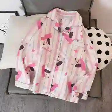 静英鸾 家居女条纹舒适卡通小狗图案长袖翻领可外穿服睡衣套装 女款