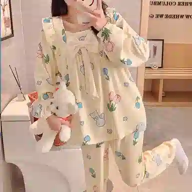 静英鸾 德绒长袖长裤方领套头可爱卡通花朵兔子两件套家居服秋冬季保暖套装 女款
