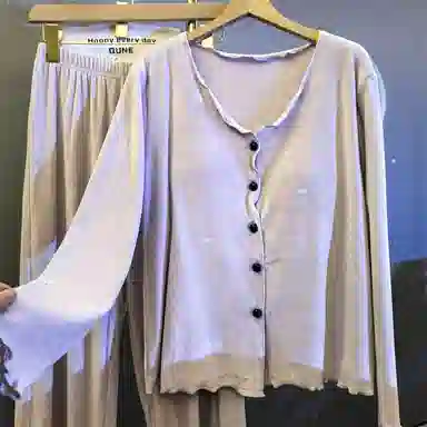 静英鸾 羊毛绒长袖长裤圆领开衫纯色甜美舒适两件套家居服秋冬季保暖套装 女款