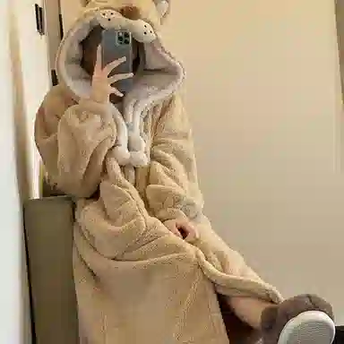 静英鸾 珊瑚绒保暖加绒加厚卡通小狮子可爱连帽休闲中长款家居服睡袍 女款