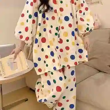 静英鸾 双长休闲舒适简约彩色波点圆领设计家居服睡衣套装 女款