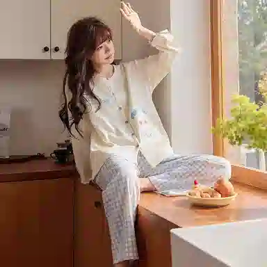 静英鸾 春秋季简约可爱卡通蝴蝶结小猫咪休闲亲肤舒适家居服睡衣套装 女款