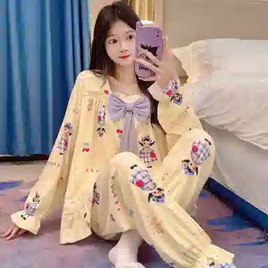 静英鸾 德绒长袖长裤方领套头可爱卡通小女孩两件套家居服秋冬季保暖套装 女款