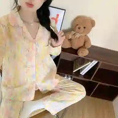 静英鸾 云朵棉长袖长裤翻领开衫甜美蝴蝶条纹纯色休闲家居服秋冬季睡衣套装 女款