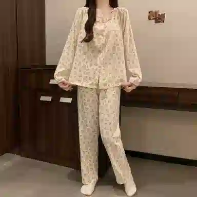 静英鸾 带胸垫长袖长裤圆领满印花朵休闲小清新家居服秋冬季睡衣套装 女款