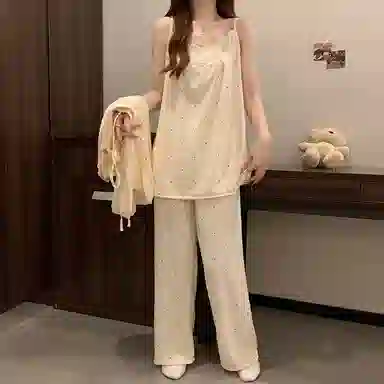 静英鸾 可外穿舒适圆领设计彩色波点长袖三件套家居服睡衣套装 女款