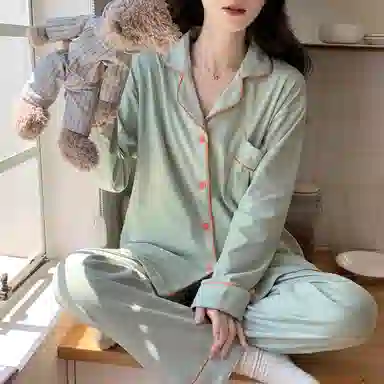静英鸾 德绒长袖长裤翻领开衫纯色小清新两件套家居服秋冬季保暖套装 女款