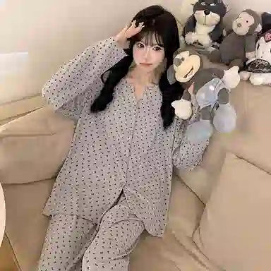 静英鸾 冰丝螺纹长袖长裤圆领开衫韩系小碎花印花家居服春秋季睡衣套装 女款