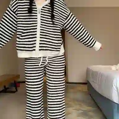 静英鸾 半边绒保暖加厚长袖长裤连帽简约条纹家居服冬季睡衣套装 女款