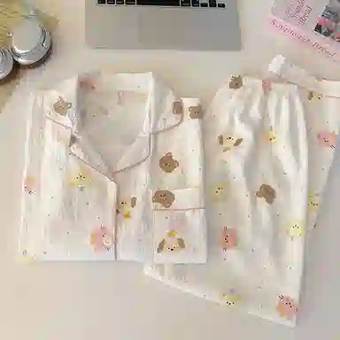 静英鸾 棉质长袖长裤翻领开衫卡通可外穿小熊可家居服秋季睡衣套装 女款