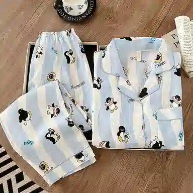 静英鸾 舒适简约休闲风长袖波浪企鹅图案家居服睡衣礼盒 女款