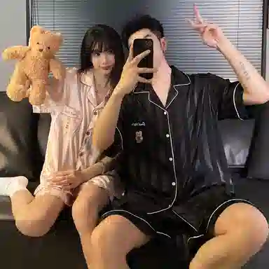 静英鸾 凉感短袖条纹可爱小熊开衫家居服睡衣套装 男女同款
