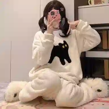 静英鸾 冬季卡通小猫甜美风半边绒加厚保暖圆领休闲舒适家居服睡衣套装 女款