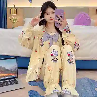 静英鸾 德绒长袖长裤方领套头可爱卡通小女孩两件套家居服秋冬季保暖套装 女款