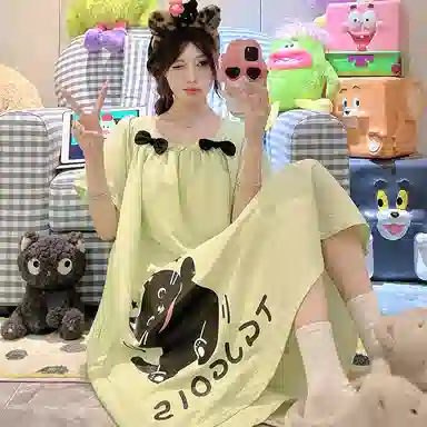 静英鸾 短袖卡通小猫甜美风休闲舒适家居服睡裙 女款