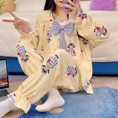 静英鸾 德绒长袖长裤方领套头可爱卡通小女孩两件套家居服秋冬季保暖套装 女款