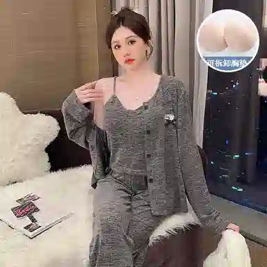 静英鸾 棉质羊绒长袖吊带长裤开衫纯色简约舒适家居服秋冬季睡衣套装 女款