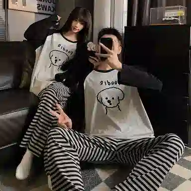 静英鸾 纯棉卡通可爱卷毛小狗圆领套头长袖长裤休闲家居服秋冬季睡衣套装 男女同款