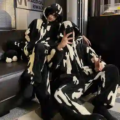 静英鸾 秋冬季时尚简约风珊瑚绒加绒加厚保暖连帽家居服睡衣套装 男女同款