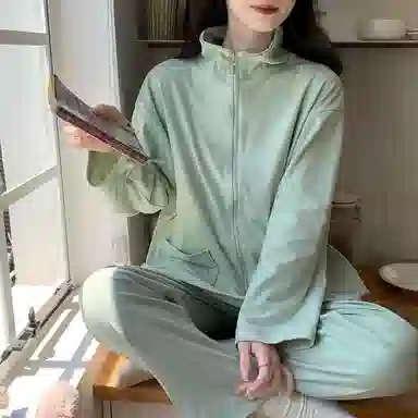 静英鸾 德绒长袖长裤翻领拉链带口袋纯色简约小清新两件套家居服秋冬季保暖套装 女款
