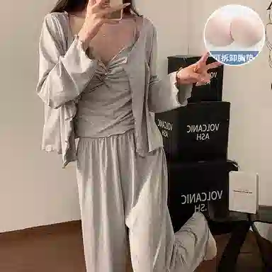 静英鸾 仿棉长袖吊带长裤圆领开衫纯色休闲家居服秋冬季睡衣套装 女款