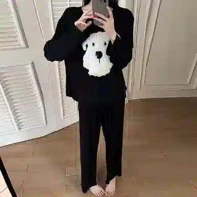 静英鸾 棉质带胸垫长袖长裤圆领套头纯色可爱卡通毛绒小狗简约家居服秋冬季睡衣套装 女款
