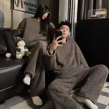 静英鸾 圆领格子休闲舒适保暖加厚加绒珊瑚绒家居服睡衣套装 男女同款