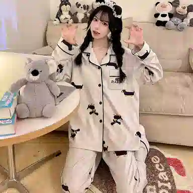 静英鸾 德绒长袖长裤翻领开衫可爱卡通小狗休闲两件套家居服秋冬季睡衣套装 女款
