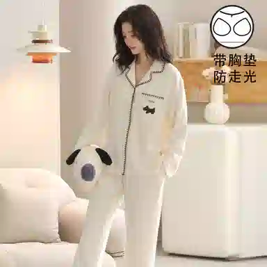 静英鸾 带胸垫翻领休闲甜美可爱卡通小狗时尚亲肤舒适家居服睡衣套装 女款