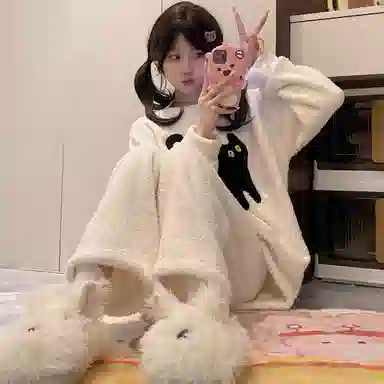 静英鸾 冬季卡通小猫甜美风半边绒加厚保暖圆领休闲舒适家居服睡衣套装 女款