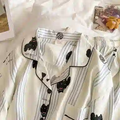 静英鸾 条纹卡通小猫时尚甜美风休闲舒适家居服睡衣套装 女款