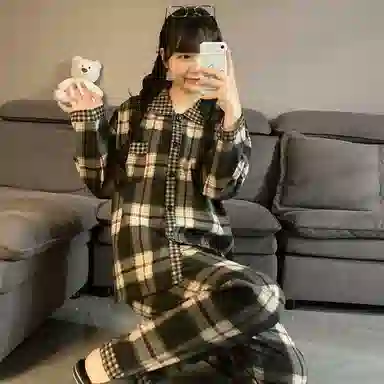 静英鸾 情侣格子长袖开衫简约设计家居服睡衣套装 男女同款