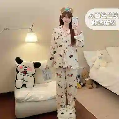 静英鸾 冬季宅家可爱腊肠狗甜美风珊瑚绒加绒加厚家居服睡衣套装 女款