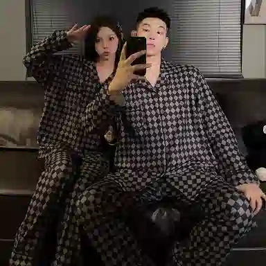 静英鸾 翻领格子简约风德绒加厚保暖休闲舒适家居服睡衣套装 男女同款