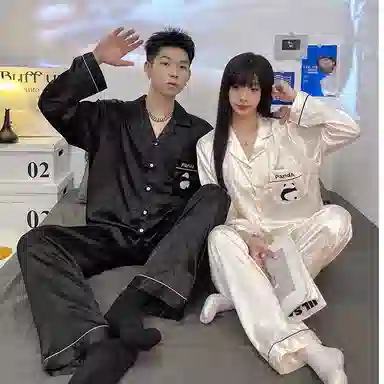 静英鸾 情侣休闲简约设计长袖长裤翻领卡通熊猫图案家居服睡衣套装 男女同款