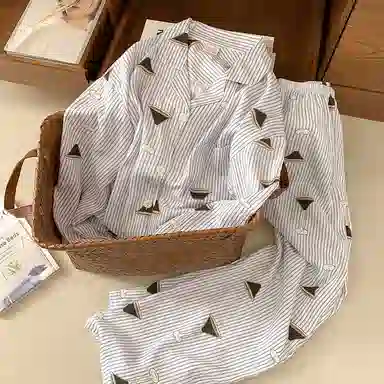 静英鸾 简约休闲翻领条纹亲肤舒适可外穿家居服睡衣套装 女款