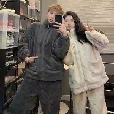 静英鸾 珊瑚绒保暖加绒加厚简约条纹休闲圆领开衫长袖长裤情侣家居服睡衣套装 男女同款