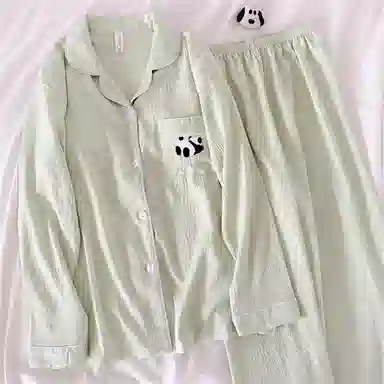 静英鸾 长袖卡通熊猫图案翻领宽松家居服睡衣套装 男女同款