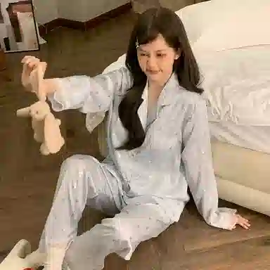 静英鸾 冰雪丝带胸垫长袖长裤翻领开衫甜美蝴蝶结简约两件套家居服秋冬季睡衣套装 女款