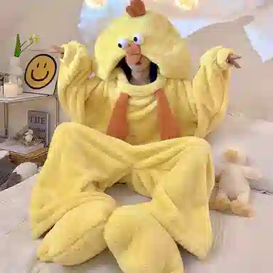 静英鸾 珊瑚绒保暖加绒加厚卡通小鸡长袖休闲家居服睡袍 女款