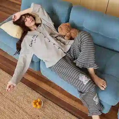 静英鸾 春秋季简约可爱卡通蝴蝶结小猫休闲亲肤舒适家居服睡衣套装 女款