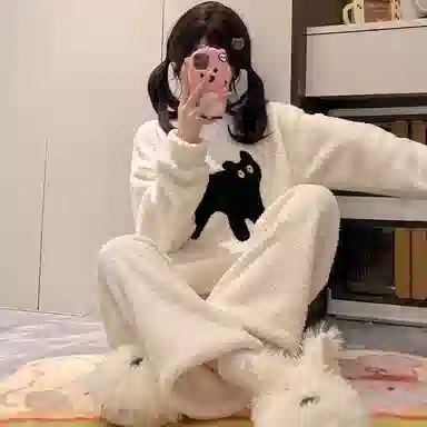 静英鸾 冬季卡通小猫甜美风半边绒加厚保暖圆领休闲舒适家居服睡衣套装 女款