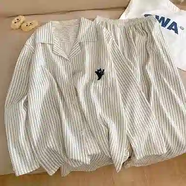 静英鸾 情侣舒适简约条纹卡通图案长袖长裤家居服睡衣套装 男女同款