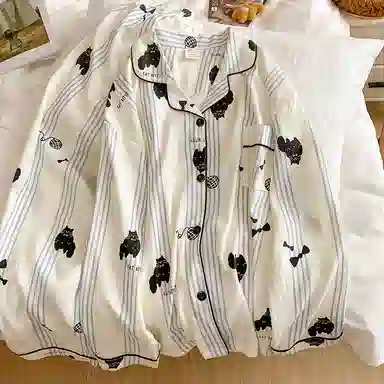 静英鸾 条纹卡通小猫时尚甜美风休闲舒适家居服睡衣套装 女款