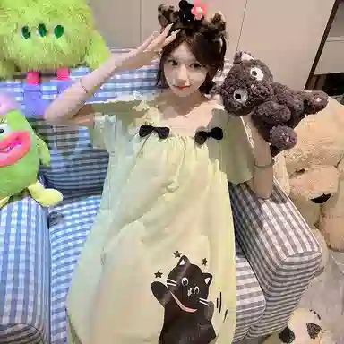 静英鸾 短袖卡通小猫甜美风休闲舒适家居服睡裙 女款