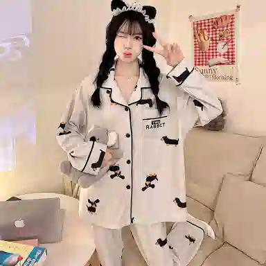 静英鸾 德绒长袖长裤翻领开衫可爱卡通小狗休闲两件套家居服秋冬季睡衣套装 女款