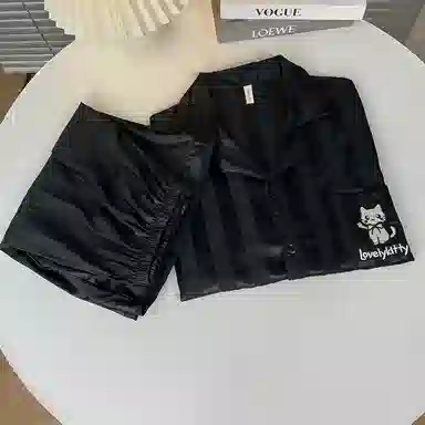 静英鸾 夏季男简约休闲风短袖条纹卡通小猫图案家居服睡衣礼盒 男款