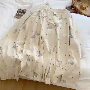 静英鸾 翻领卡通小熊蝴蝶结满印甜美风休闲舒适家居服睡衣套装 女款